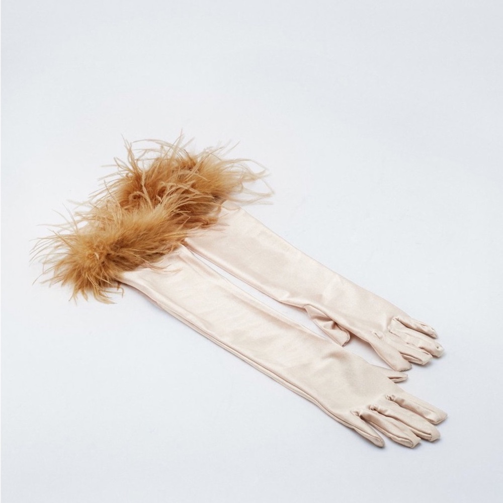 NASTY GAL Feather Trim satin Long Gloves in champagne beige NEW